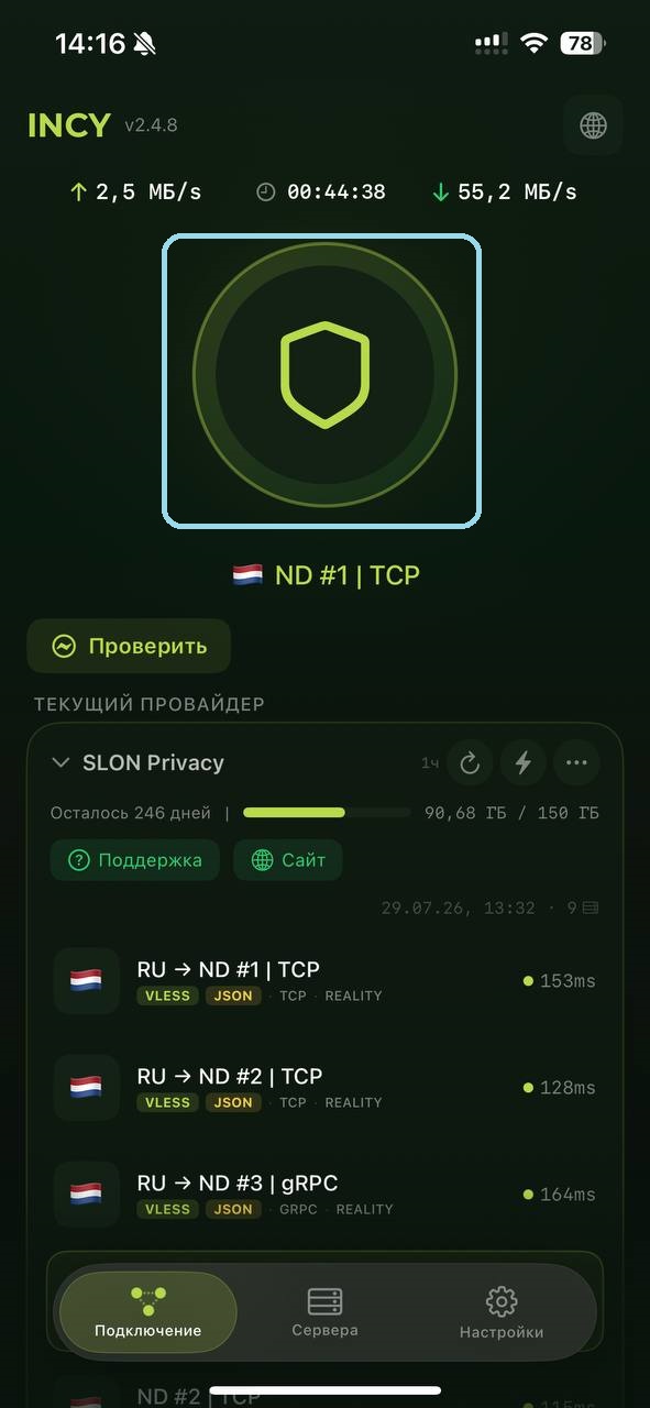 INCY home screen with the connection button and Slon Privacy server list on iOS
