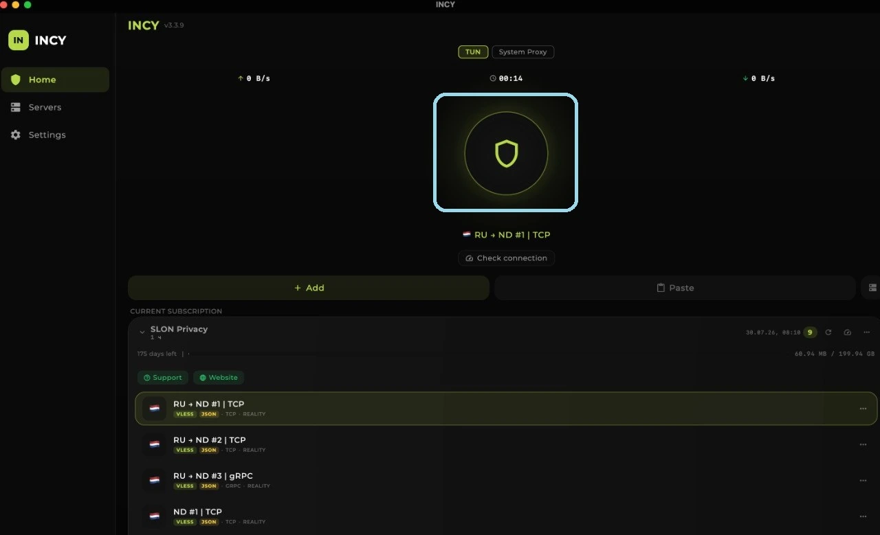Successful Slon Privacy connection in INCY on macOS