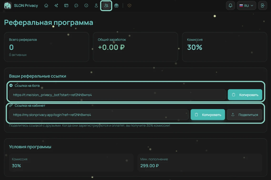 Referral links to the Slon Privacy Telegram bot and account