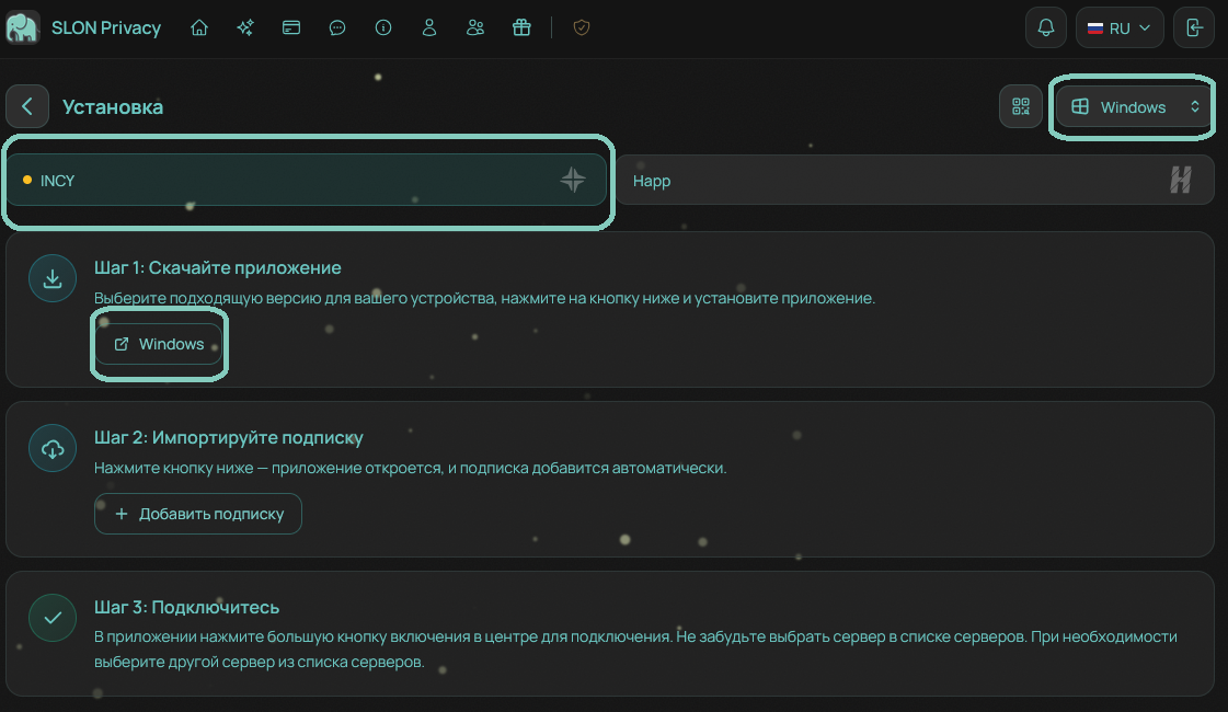 Selecting Windows and INCY on the Slon Privacy setup page