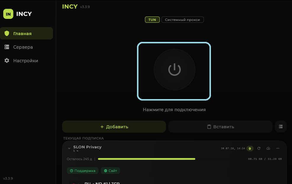 Server list and connection button in INCY on Windows